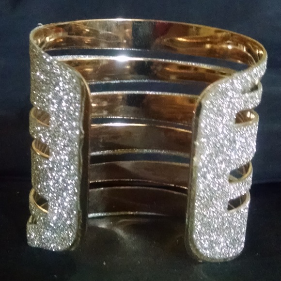 Rhodium Bling Silver Sparkle Wide Cuff Bracelet